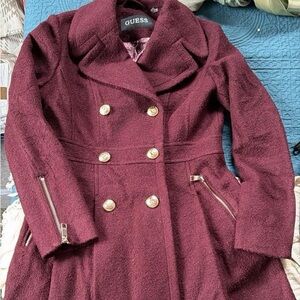 Guess Double-Breasted Pea Coat in Burgundy with Gold Buttons